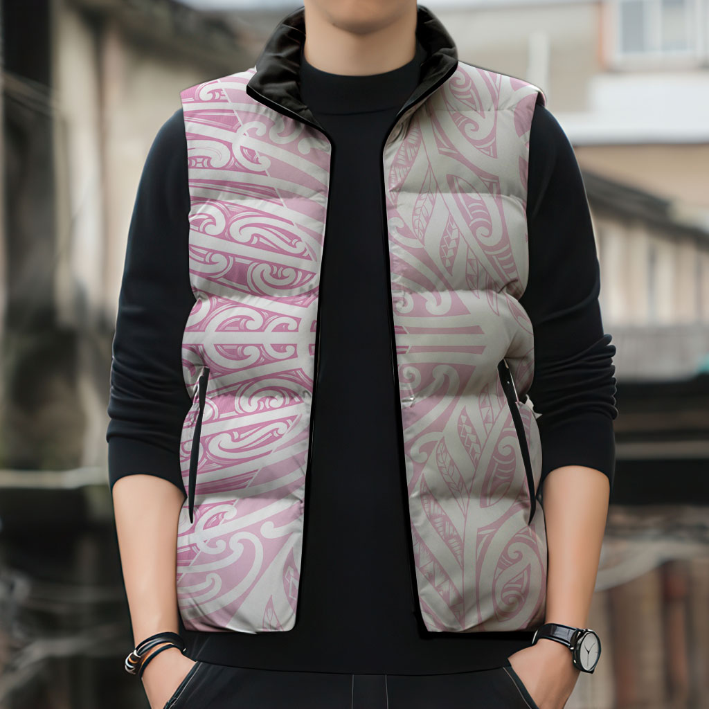 Pink New Zealand Puhoro Maori Tattoo Sleeveless Puffer Jacket