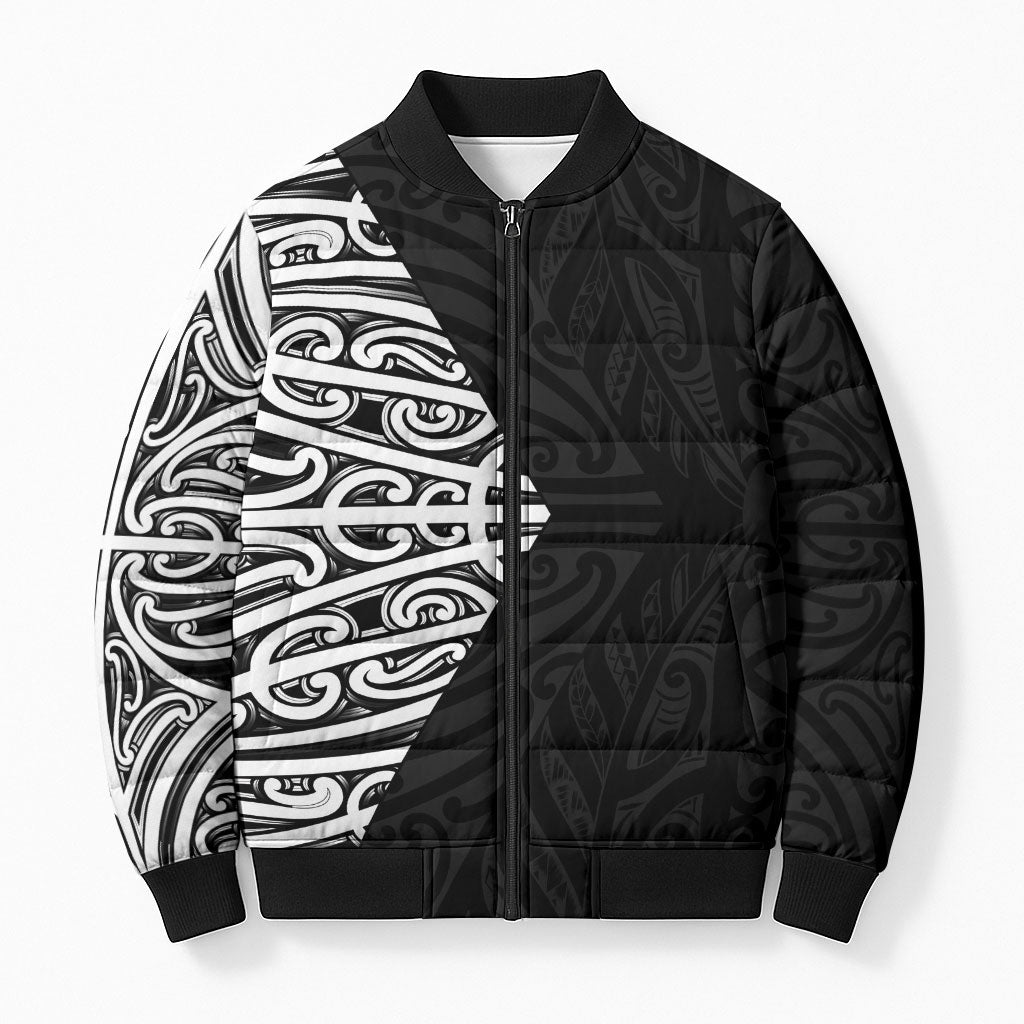 Black New Zealand Puhoro Maori Tattoo Bomber Puffer Jacket