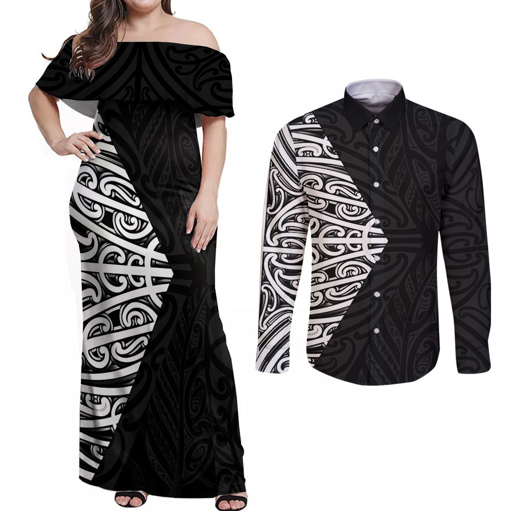 Black New Zealand Puhoro Maori Tattoo Couples Matching Off Shoulder Maxi Dress and Long Sleeve Button Shirt