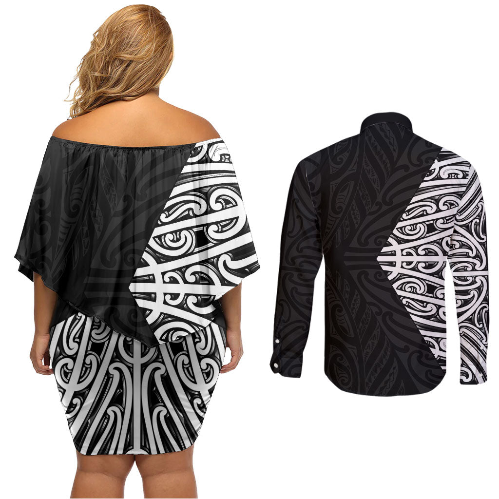 Black New Zealand Puhoro Maori Tattoo Couples Matching Off Shoulder Short Dress and Long Sleeve Button Shirt