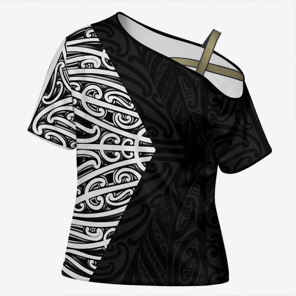 Black New Zealand Puhoro Maori Tattoo Cross Shoulder Shirt