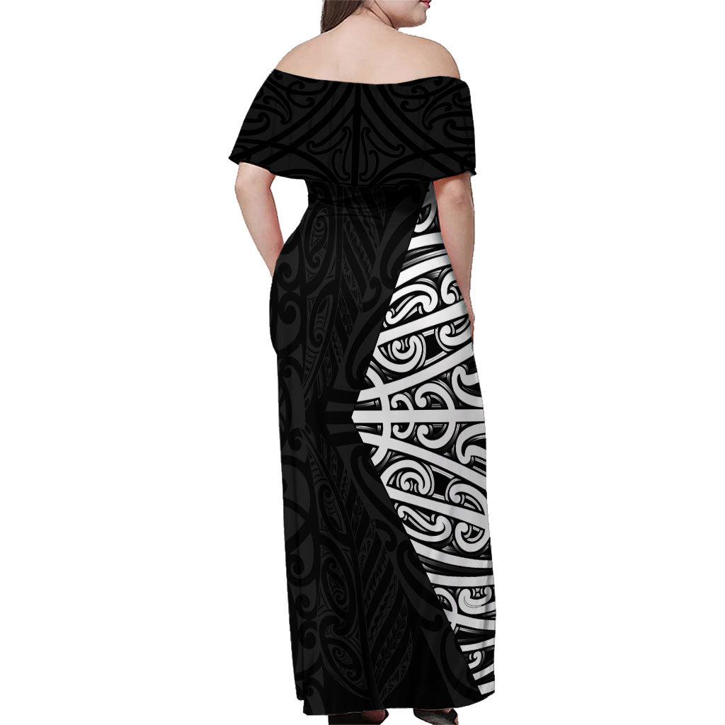 Black New Zealand Puhoro Maori Tattoo Family Matching Off Shoulder Maxi Dress and Hawaiian Shirt