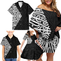 Black New Zealand Puhoro Maori Tattoo Family Matching Off Shoulder Short Dress and Hawaiian Shirt