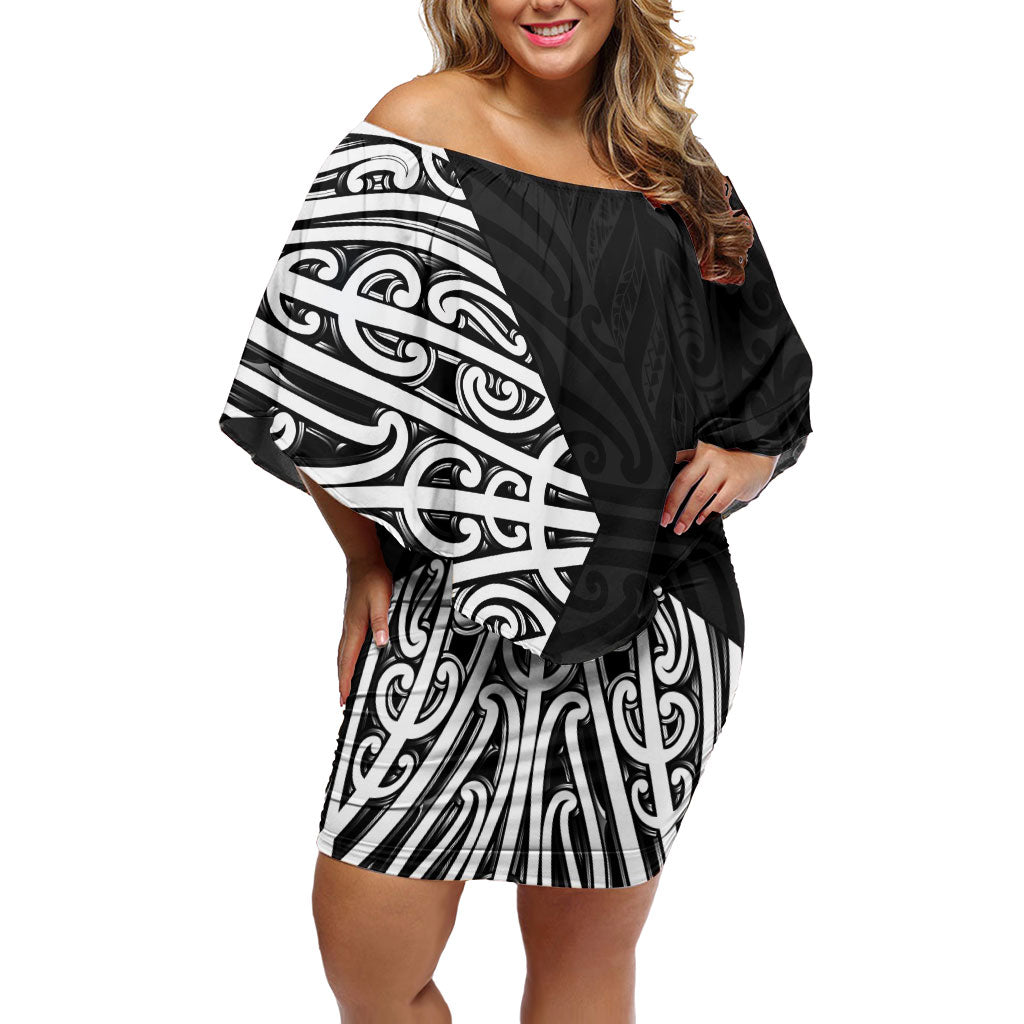 Black New Zealand Puhoro Maori Tattoo Family Matching Off Shoulder Short Dress and Hawaiian Shirt