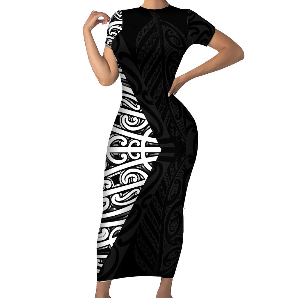 Black New Zealand Puhoro Maori Tattoo Family Matching Short Sleeve Bodycon Dress and Hawaiian Shirt