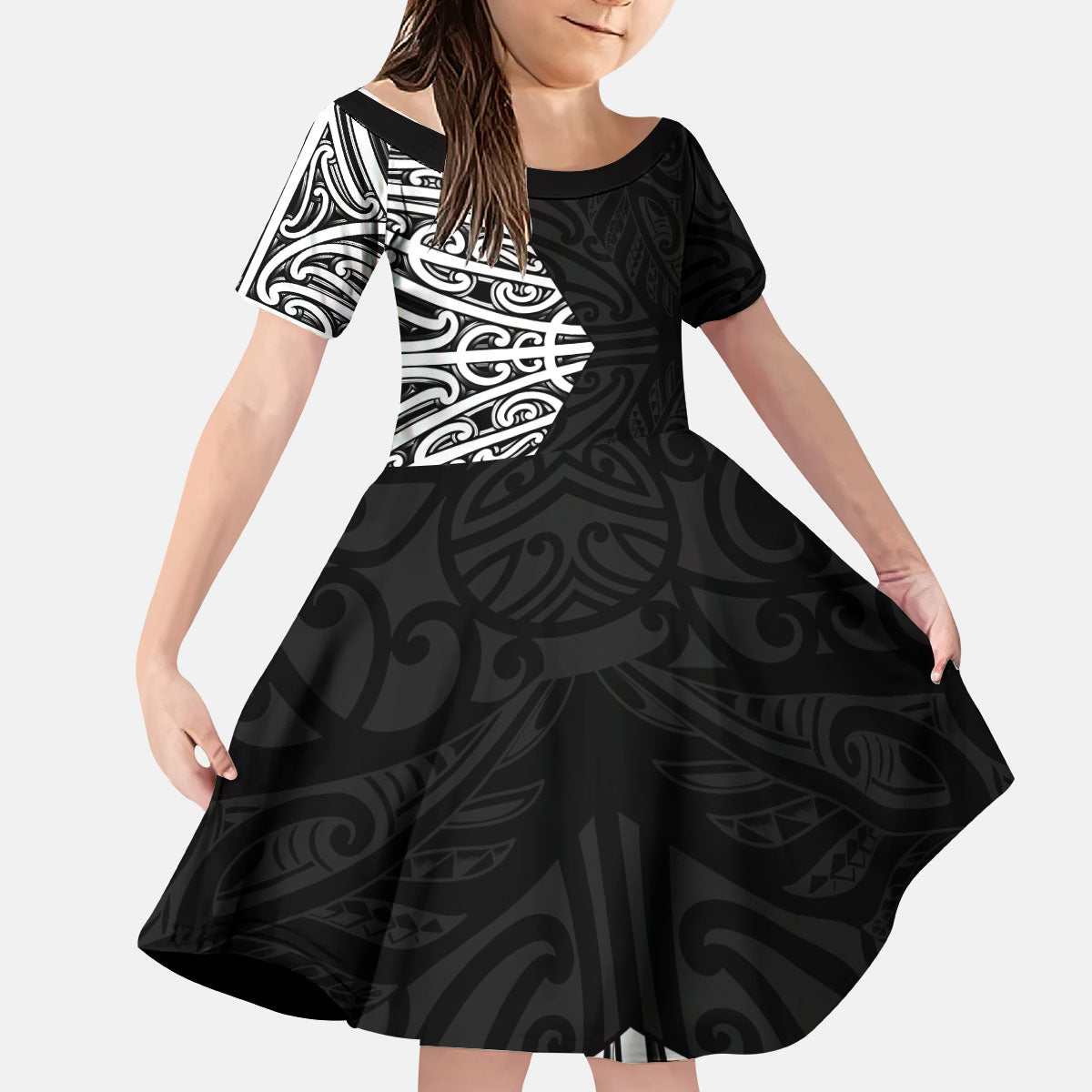 Black New Zealand Puhoro Maori Tattoo Kid Short Sleeve Dress