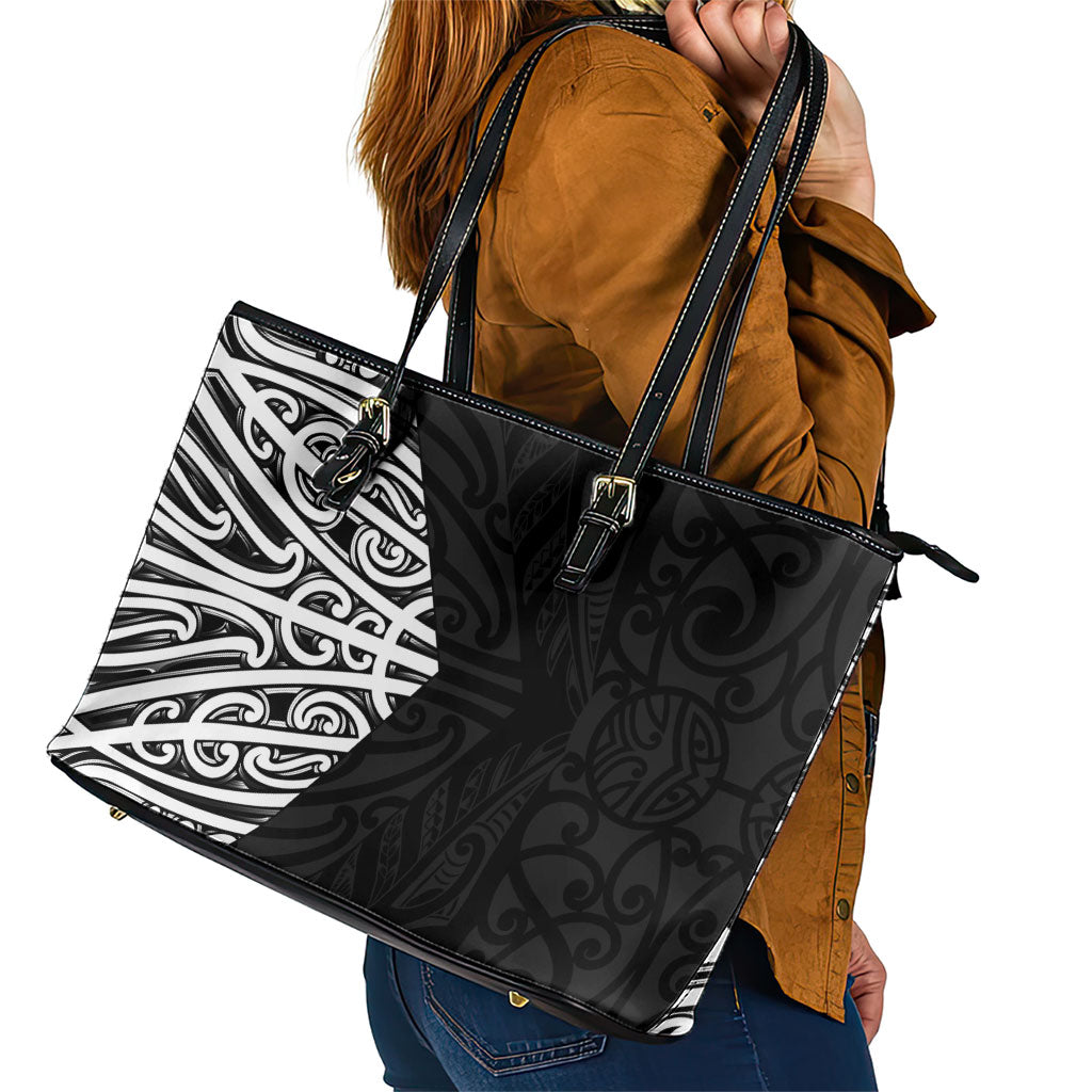 Black New Zealand Puhoro Maori Tattoo Leather Tote Bag
