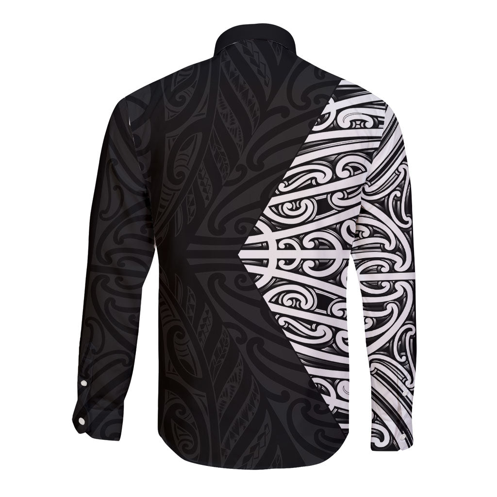 Black New Zealand Puhoro Maori Tattoo Long Sleeve Button Shirt