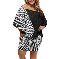Black New Zealand Puhoro Maori Tattoo Off Shoulder Short Dress