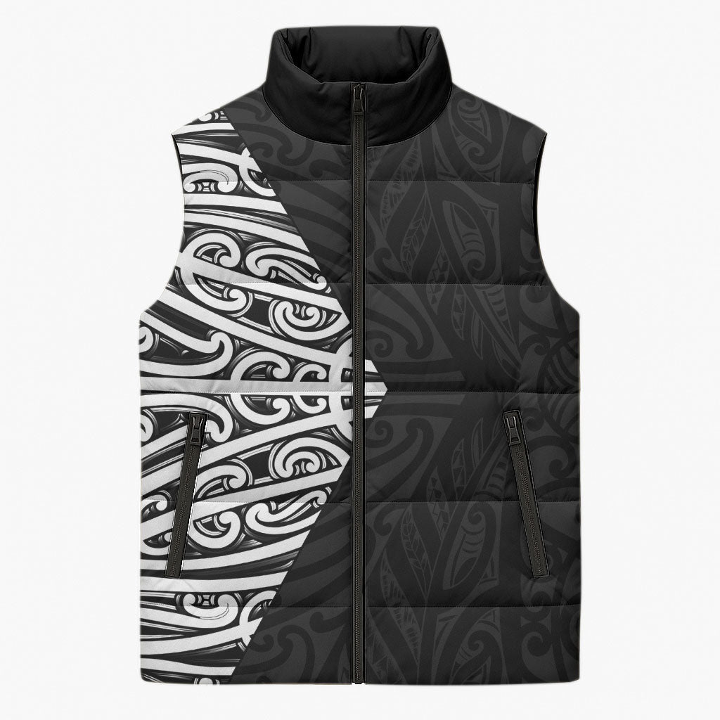 Black New Zealand Puhoro Maori Tattoo Sleeveless Puffer Jacket