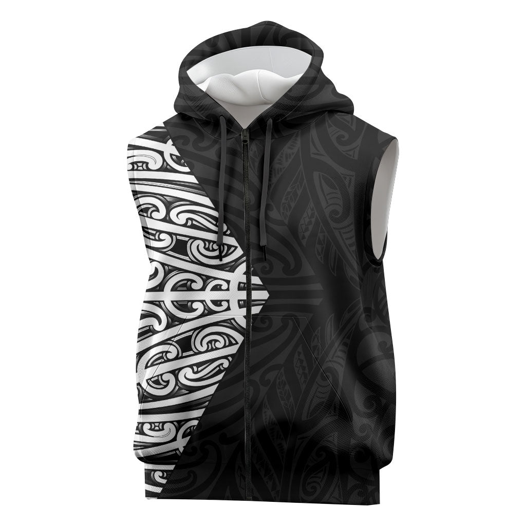 Black New Zealand Puhoro Maori Tattoo Sleeveless Zip Hoodie