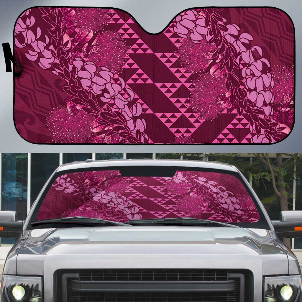 Pink Aloha Hawaii Auto Sun Shade Hawaiian Kakau Ohia Lehua Lei - Polynesian Pride