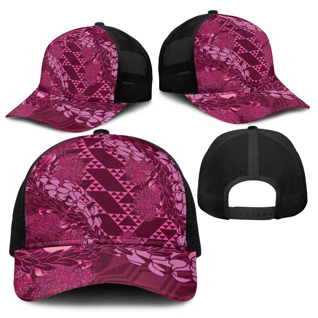 Pink Aloha Hawaii Baseball Net Cap Hawaiian Kakau Ohia Lehua Lei - Polynesian Pride