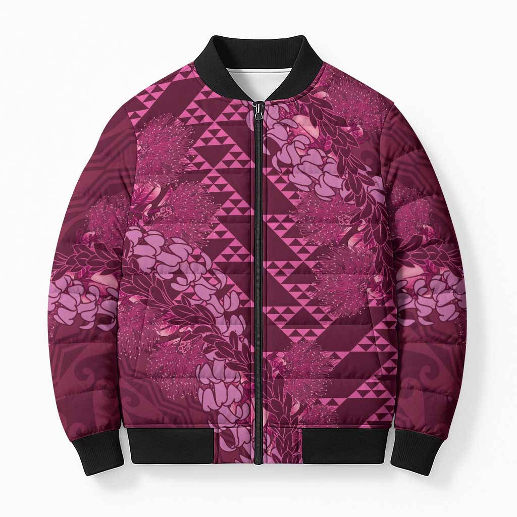 Pink Aloha Hawaii Bomber Puffer Jacket Hawaiian Kakau Ohia Lehua Lei - Polynesian Pride