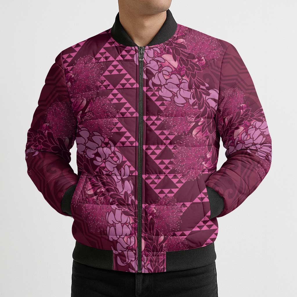 Pink Aloha Hawaii Bomber Puffer Jacket Hawaiian Kakau Ohia Lehua Lei - Polynesian Pride