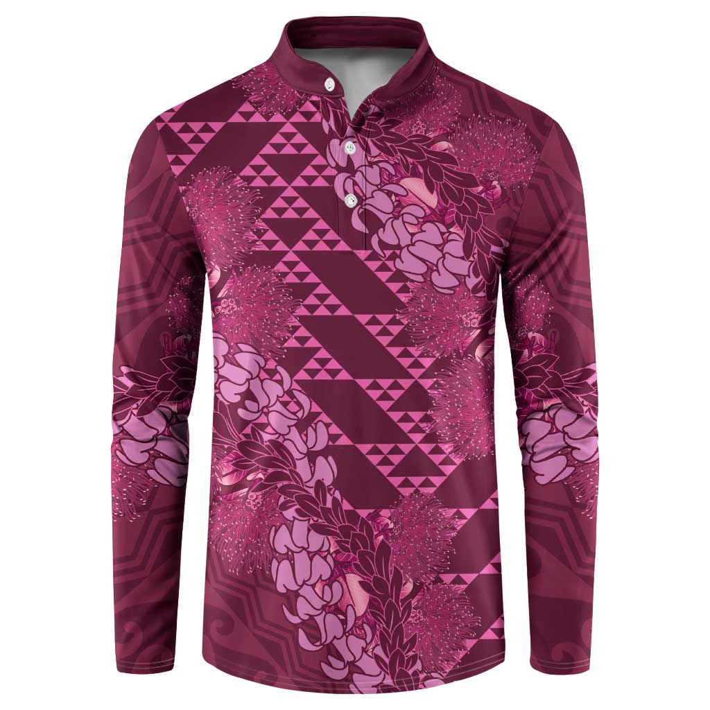 Pink Aloha Hawaii Button Sweatshirt Hawaiian Kakau Ohia Lehua Lei - Polynesian Pride