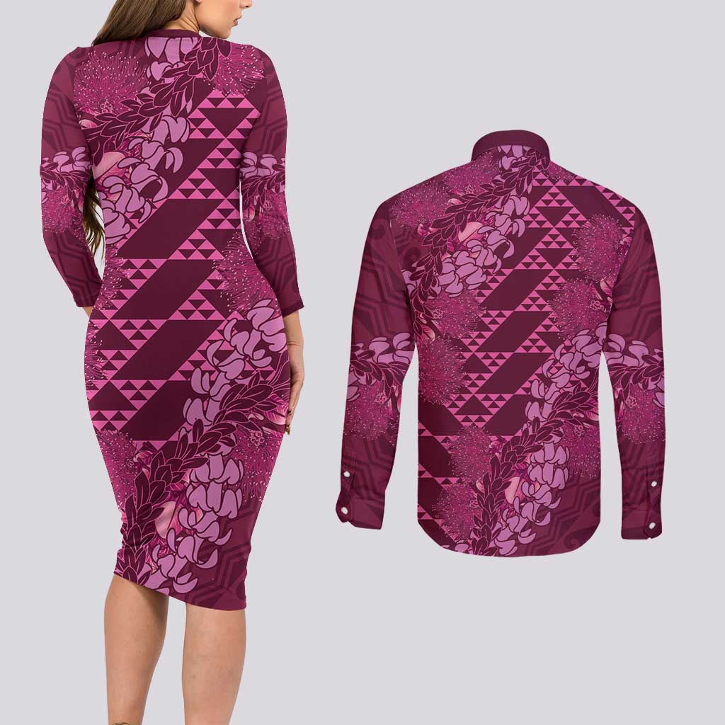 Pink Aloha Hawaii Couples Matching Long Sleeve Bodycon Dress and Long Sleeve Button Shirt Hawaiian Kakau Ohia Lehua Lei - Polynesian Pride