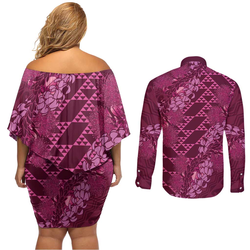 Pink Aloha Hawaii Couples Matching Off Shoulder Short Dress and Long Sleeve Button Shirt Hawaiian Kakau Ohia Lehua Lei - Polynesian Pride