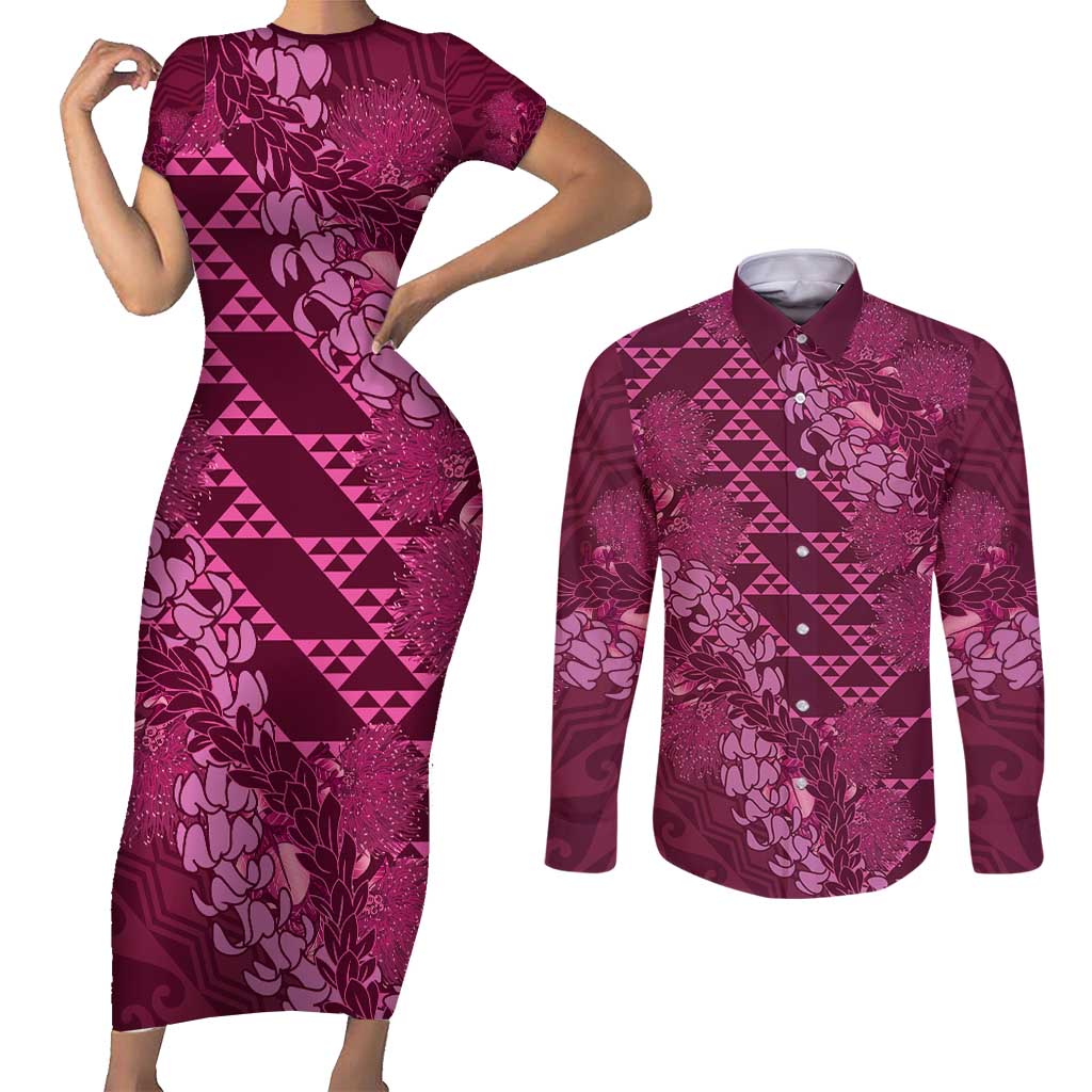 Pink Aloha Hawaii Couples Matching Short Sleeve Bodycon Dress and Long Sleeve Button Shirt Hawaiian Kakau Ohia Lehua Lei - Polynesian Pride
