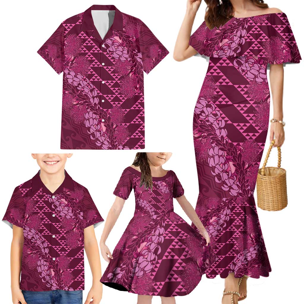 Pink Aloha Hawaii Family Matching Mermaid Dress and Hawaiian Shirt Hawaiian Kakau Ohia Lehua Lei - Polynesian Pride
