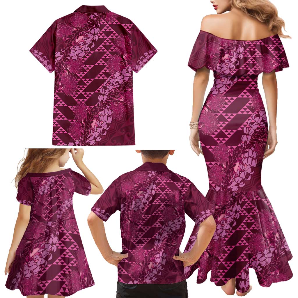 Pink Aloha Hawaii Family Matching Mermaid Dress and Hawaiian Shirt Hawaiian Kakau Ohia Lehua Lei - Polynesian Pride
