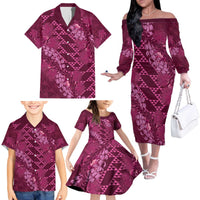 Pink Aloha Hawaii Family Matching Off The Shoulder Long Sleeve Dress and Hawaiian Shirt Hawaiian Kakau Ohia Lehua Lei - Polynesian Pride