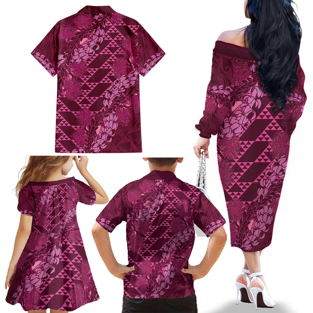 Pink Aloha Hawaii Family Matching Off The Shoulder Long Sleeve Dress and Hawaiian Shirt Hawaiian Kakau Ohia Lehua Lei - Polynesian Pride