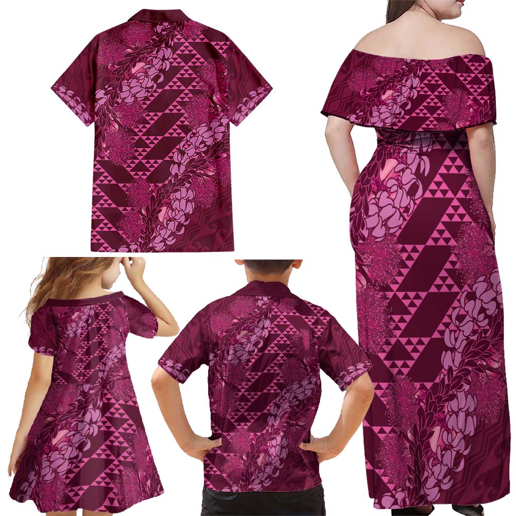 Pink Aloha Hawaii Family Matching Off Shoulder Maxi Dress and Hawaiian Shirt Hawaiian Kakau Ohia Lehua Lei - Polynesian Pride