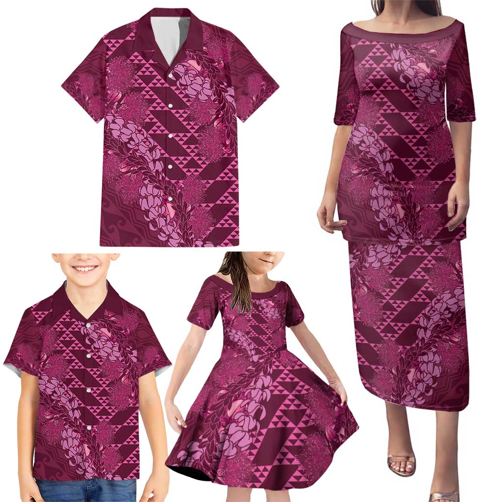 Pink Aloha Hawaii Family Matching Puletasi and Hawaiian Shirt Hawaiian Kakau Ohia Lehua Lei - Polynesian Pride