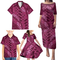Pink Aloha Hawaii Family Matching Puletasi and Hawaiian Shirt Hawaiian Kakau Ohia Lehua Lei - Polynesian Pride