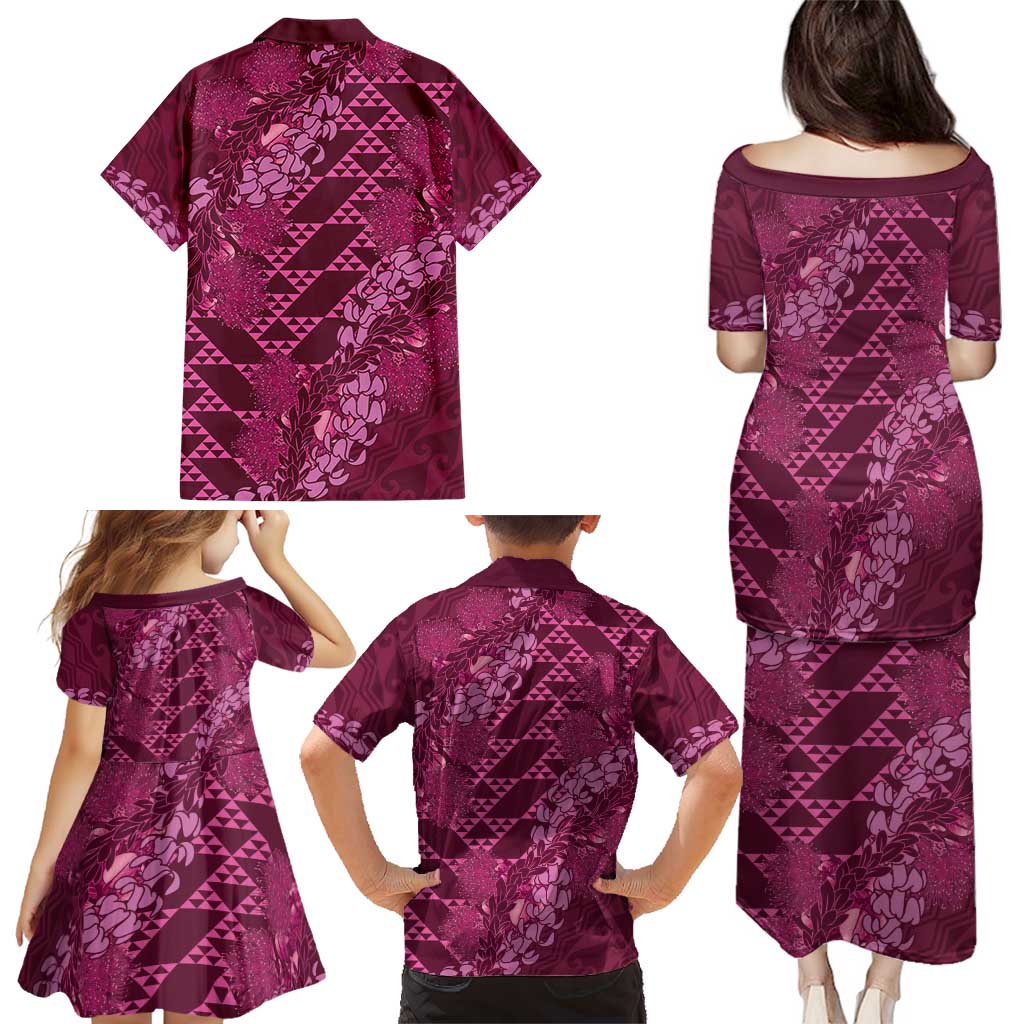Pink Aloha Hawaii Family Matching Puletasi and Hawaiian Shirt Hawaiian Kakau Ohia Lehua Lei - Polynesian Pride