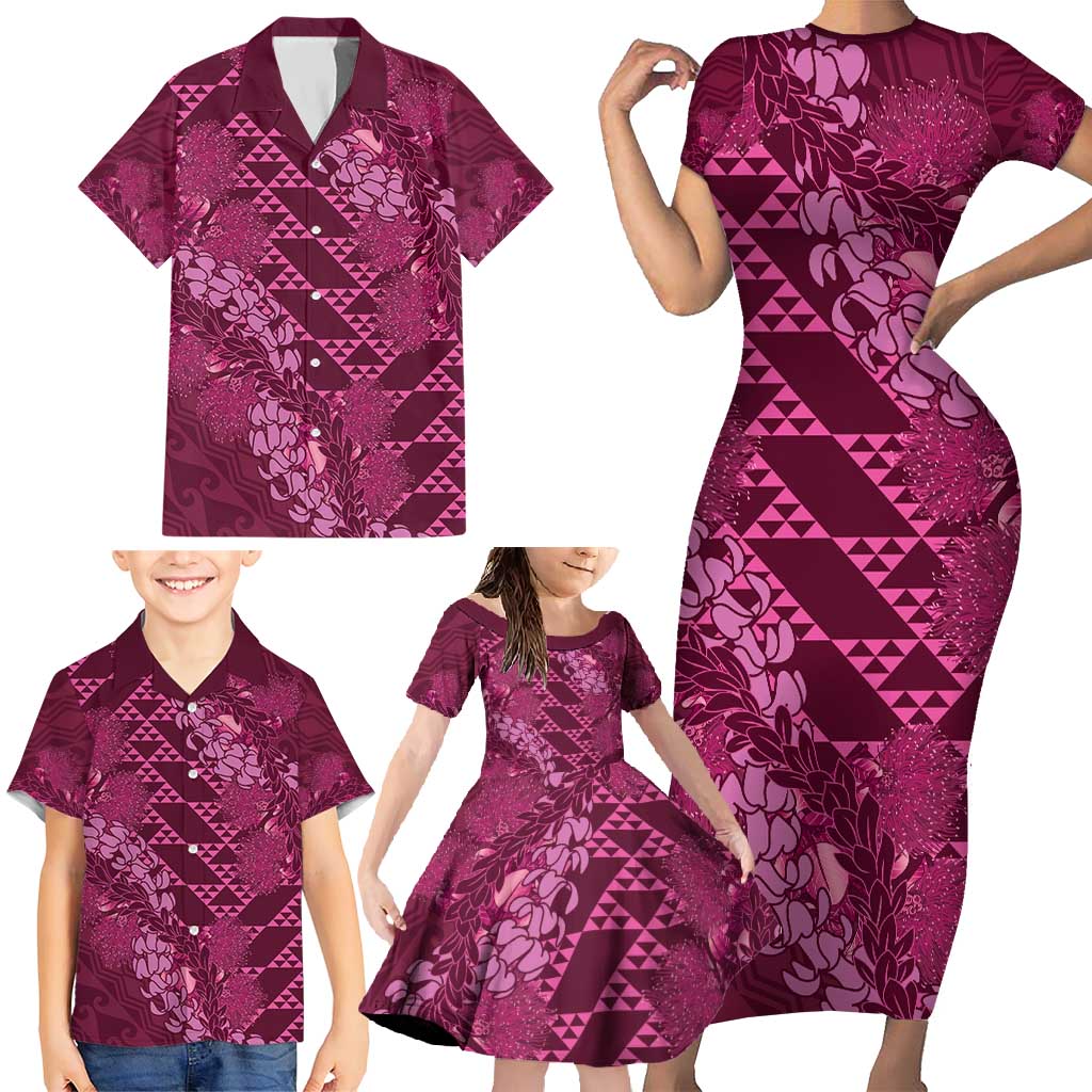 Pink Aloha Hawaii Family Matching Short Sleeve Bodycon Dress and Hawaiian Shirt Hawaiian Kakau Ohia Lehua Lei - Polynesian Pride