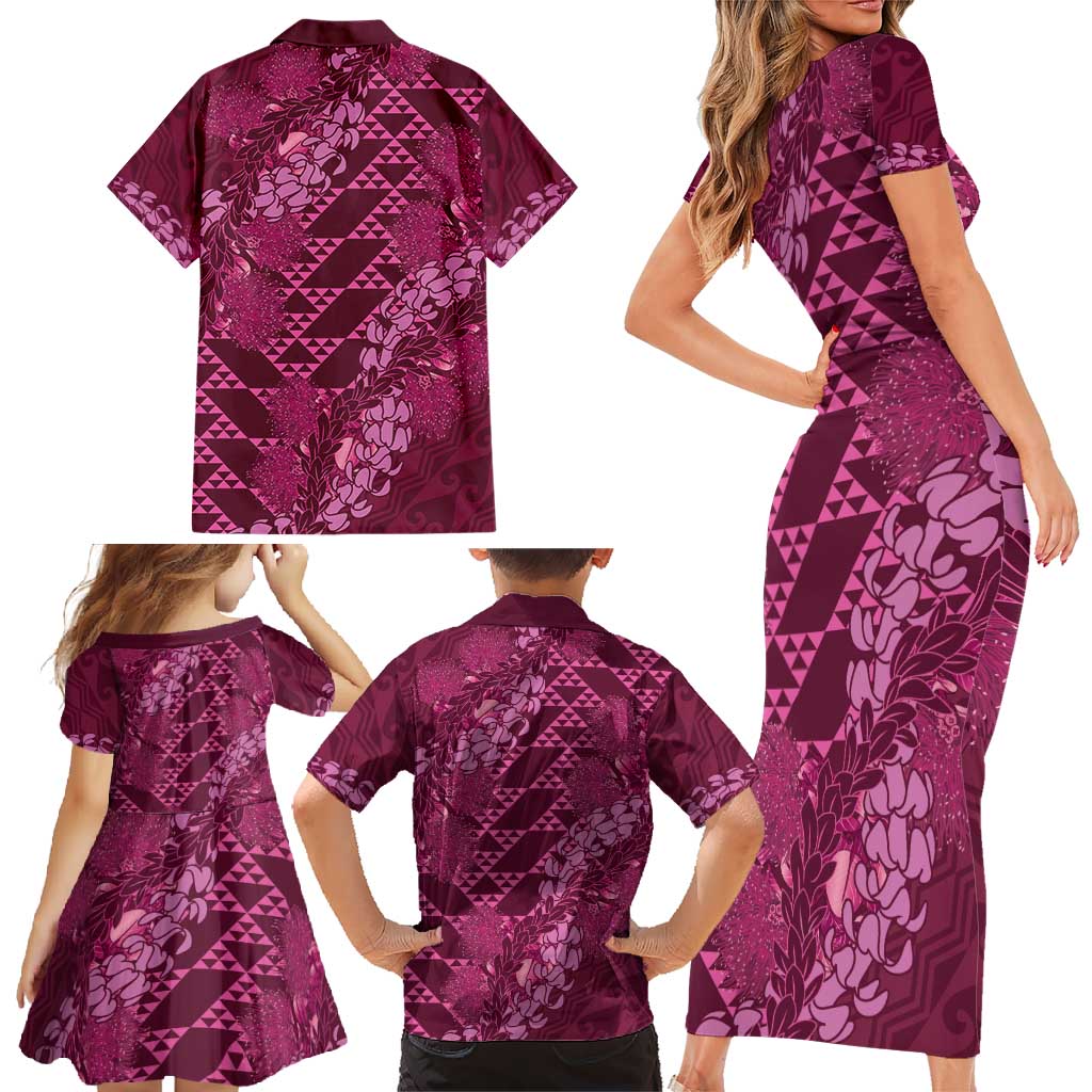 Pink Aloha Hawaii Family Matching Short Sleeve Bodycon Dress and Hawaiian Shirt Hawaiian Kakau Ohia Lehua Lei - Polynesian Pride