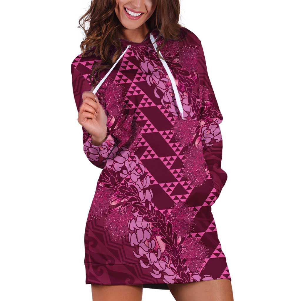 Pink Aloha Hawaii Hoodie Dress Hawaiian Kakau Ohia Lehua Lei - Polynesian Pride