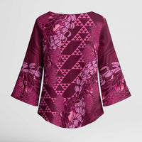Pink Aloha Hawaii Kimono Sleeve Blouse Hawaiian Kakau Ohia Lehua Lei - Polynesian Pride