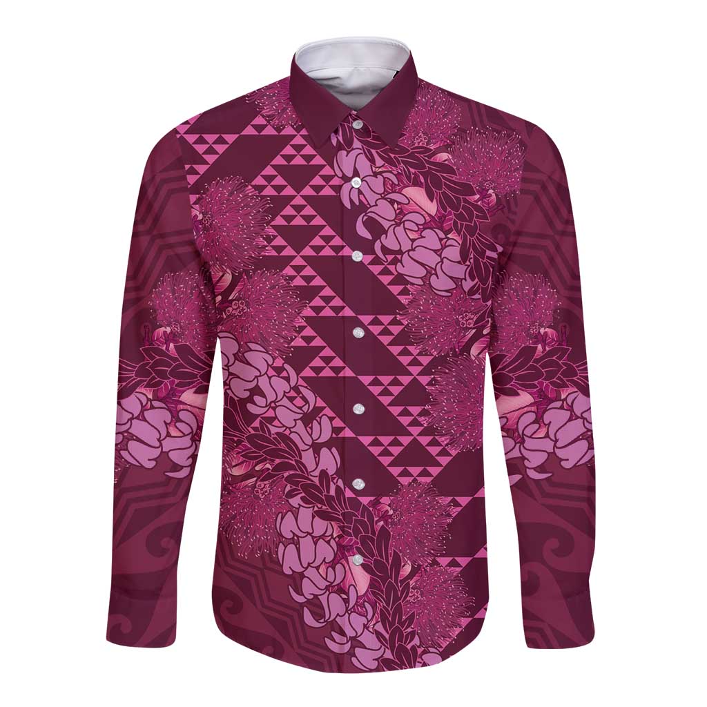 Pink Aloha Hawaii Long Sleeve Button Shirt Hawaiian Kakau Ohia Lehua Lei - Polynesian Pride