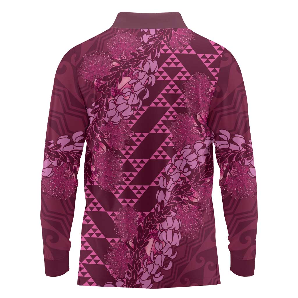 Pink Aloha Hawaii Long Sleeve Polo Shirt Hawaiian Kakau Ohia Lehua Lei - Polynesian Pride