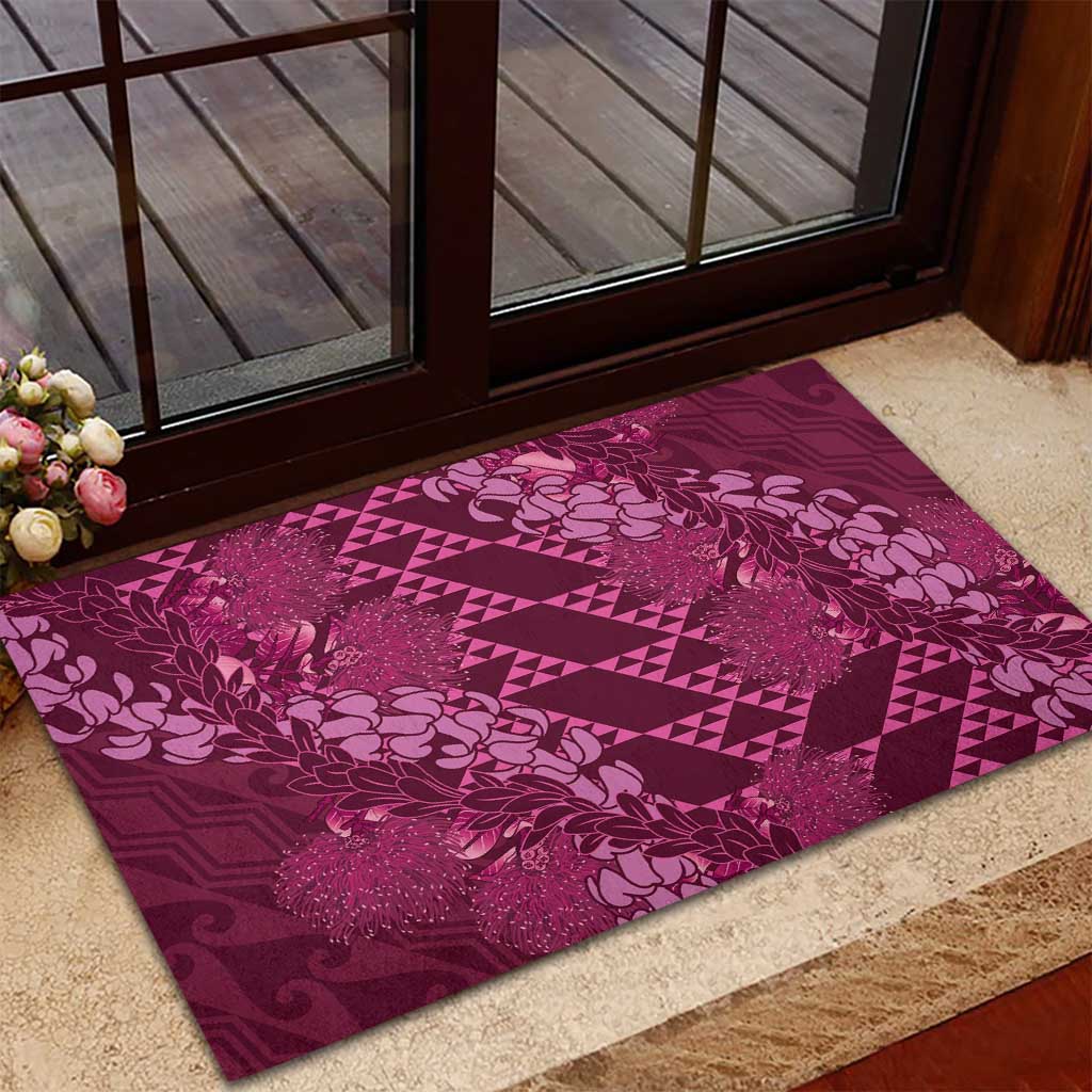 Pink Aloha Hawaii Rubber Doormat Hawaiian Kakau Ohia Lehua Lei - Polynesian Pride