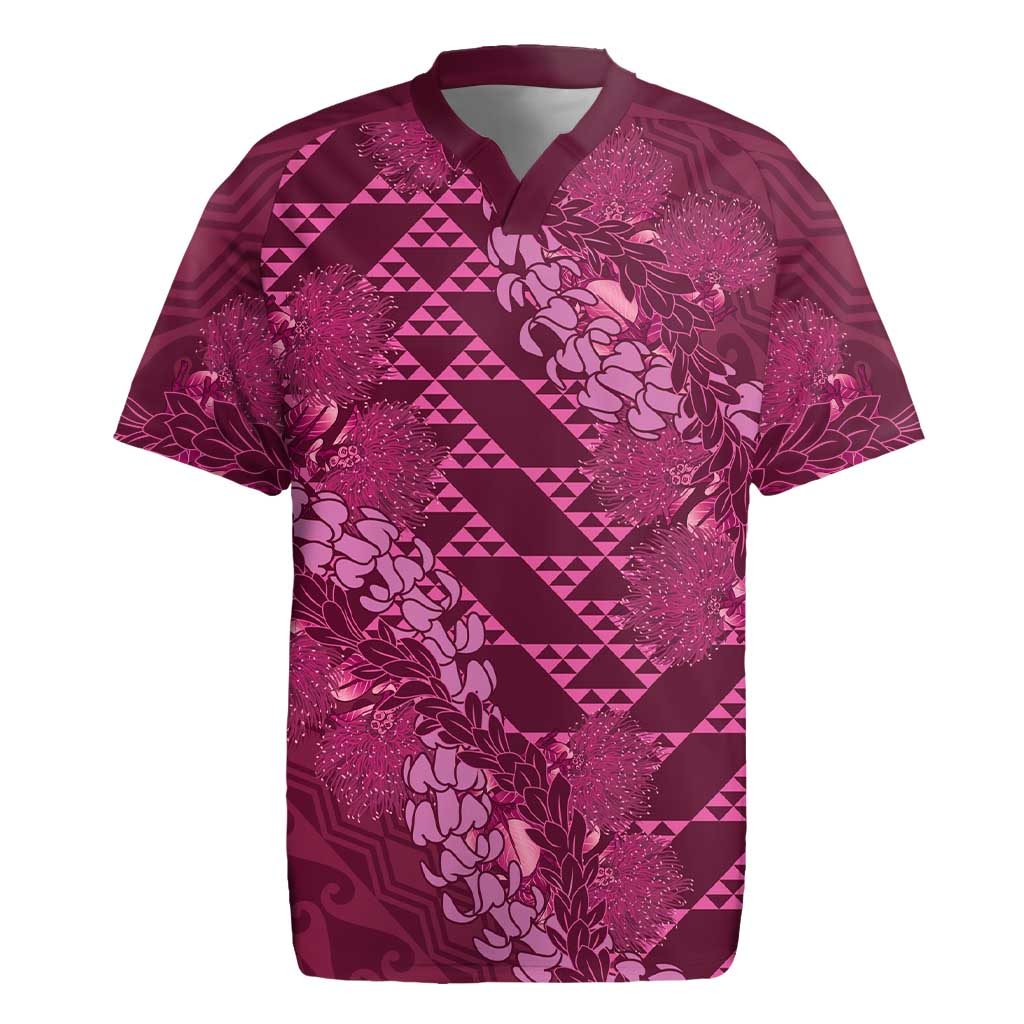 Pink Aloha Hawaii Rugby Jersey Hawaiian Kakau Ohia Lehua Lei - Polynesian Pride