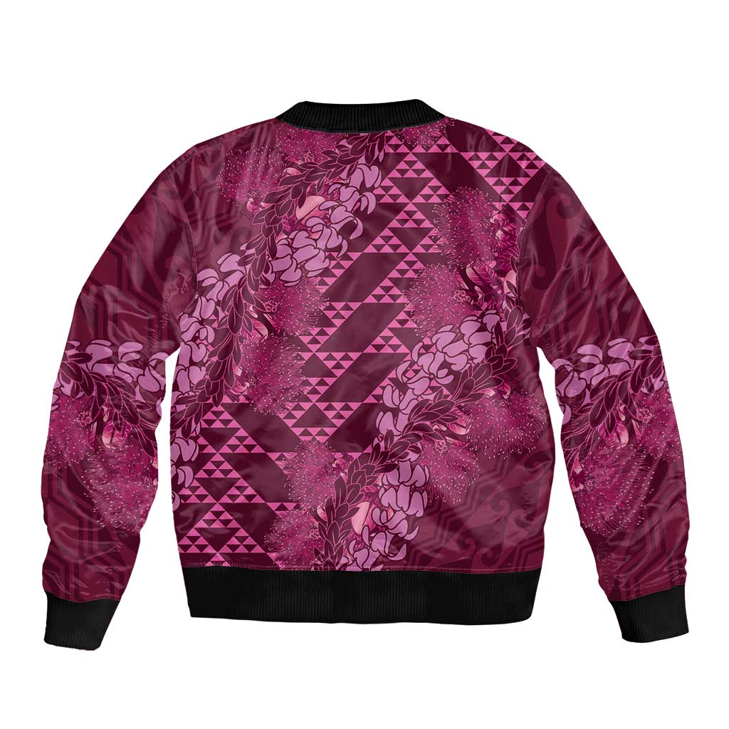Pink Aloha Hawaii Sleeve Zip Bomber Jacket Hawaiian Kakau Ohia Lehua Lei - Polynesian Pride