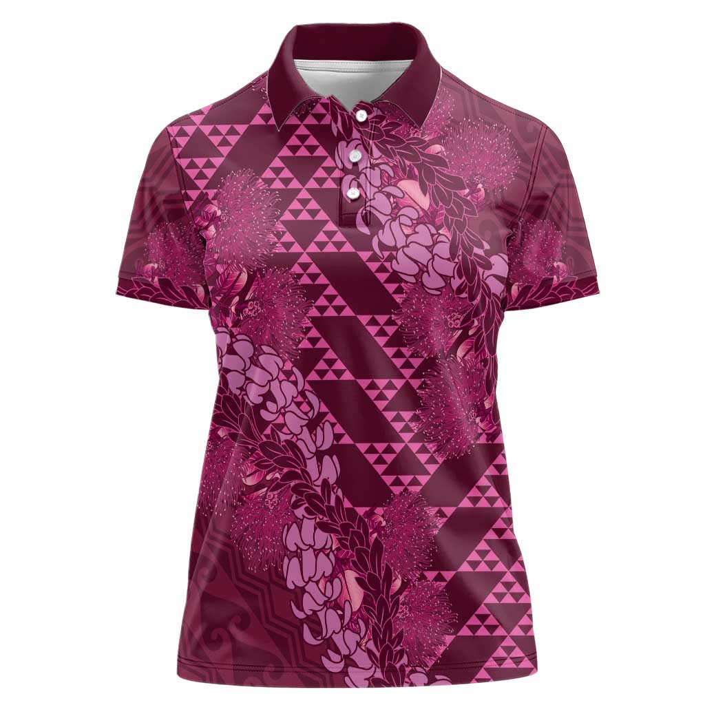 Pink Aloha Hawaii Women Polo Shirt Hawaiian Kakau Ohia Lehua Lei - Polynesian Pride