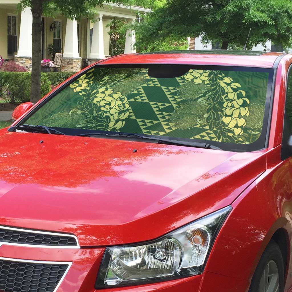 Green Aloha Hawaii Auto Sun Shade Hawaiian Kakau Ohia Lehua Lei - Polynesian Pride