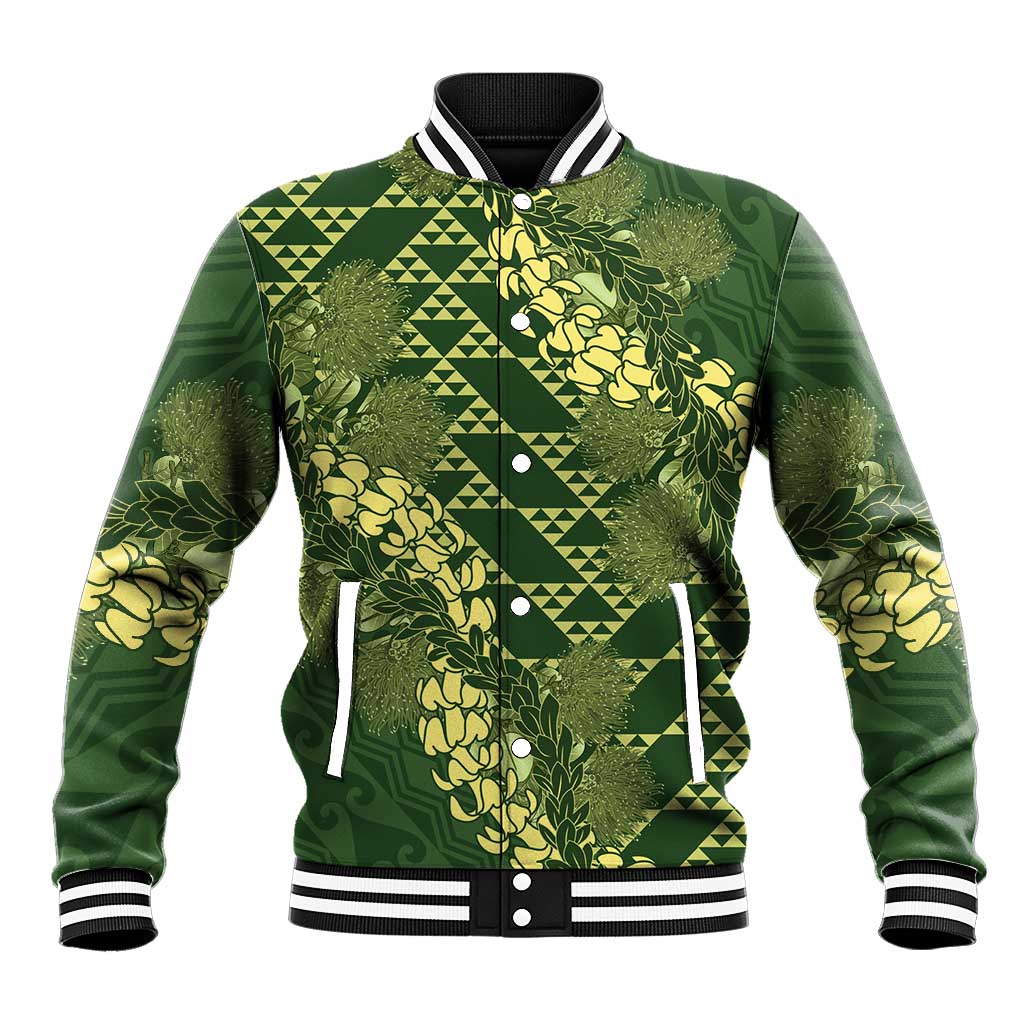 Green Aloha Hawaii Baseball Jacket Hawaiian Kakau Ohia Lehua Lei - Polynesian Pride