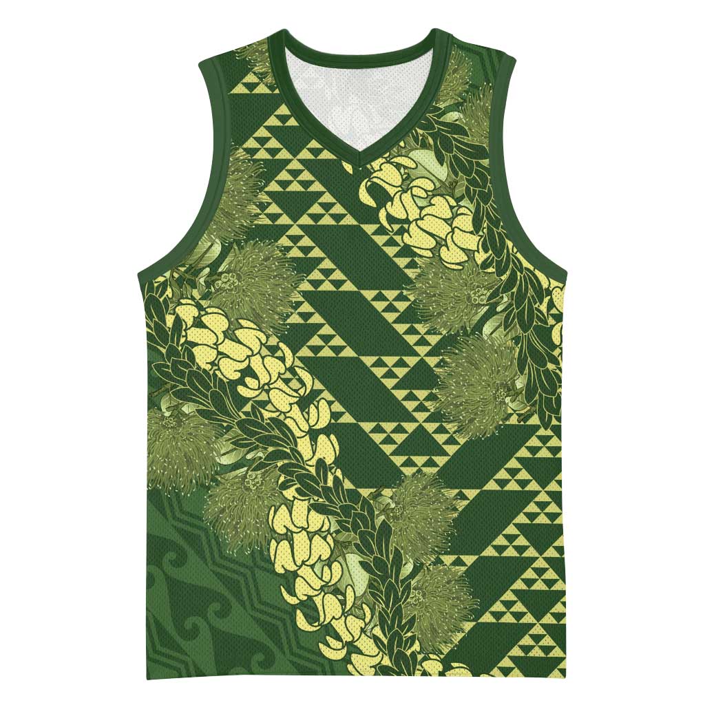 Green Aloha Hawaii Basketball Jersey Hawaiian Kakau Ohia Lehua Lei - Polynesian Pride