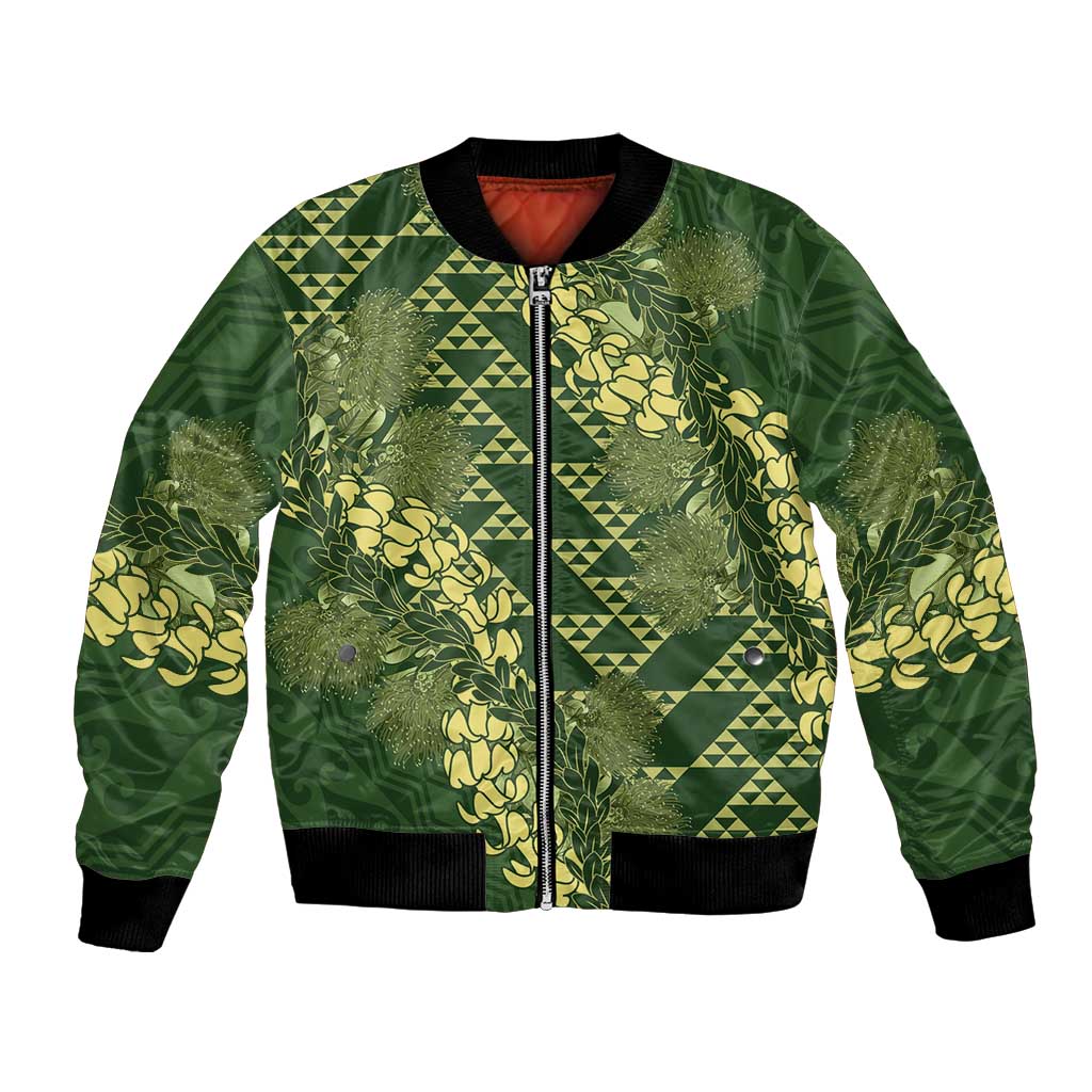 Green Aloha Hawaii Bomber Jacket Hawaiian Kakau Ohia Lehua Lei - Polynesian Pride