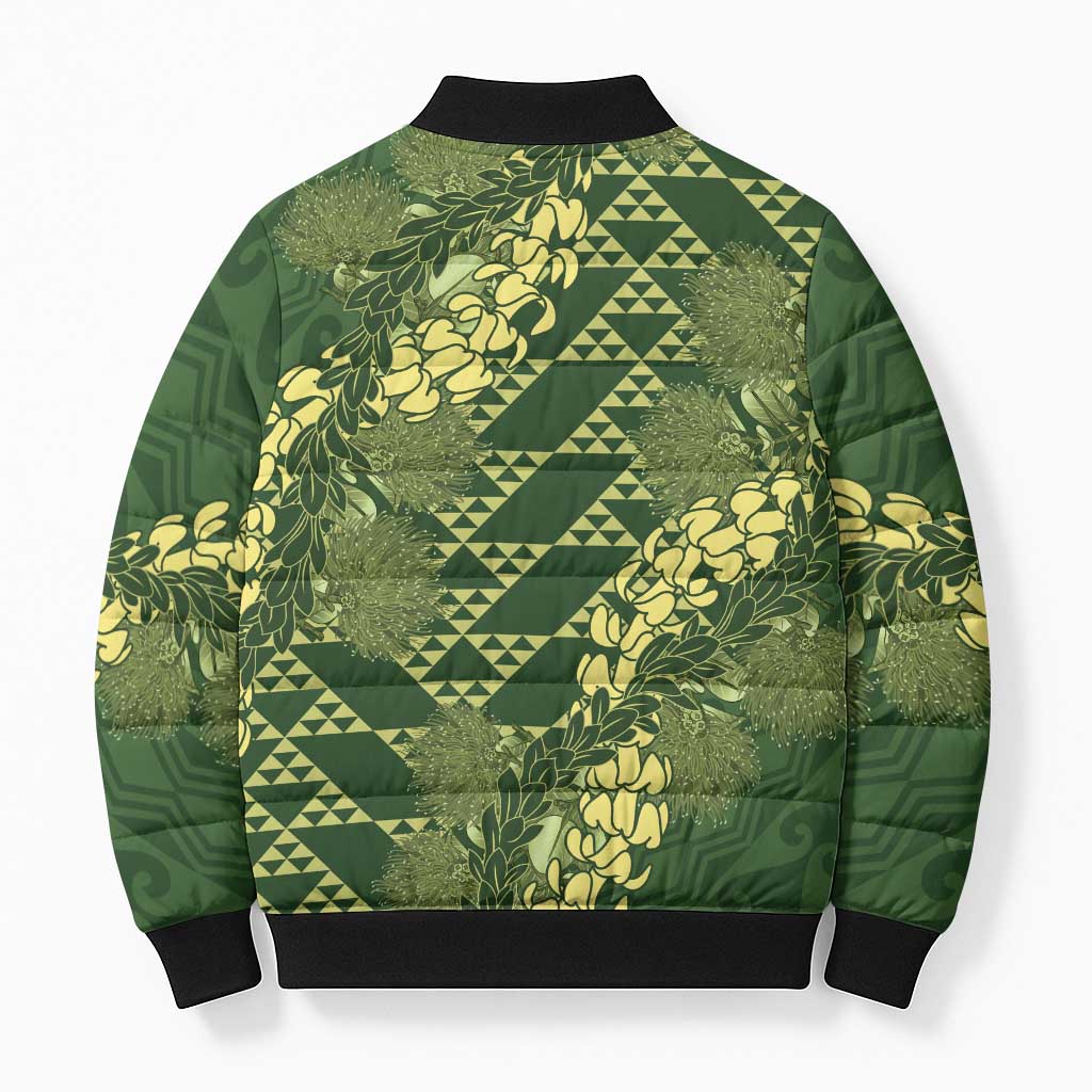 Green Aloha Hawaii Bomber Puffer Jacket Hawaiian Kakau Ohia Lehua Lei - Polynesian Pride