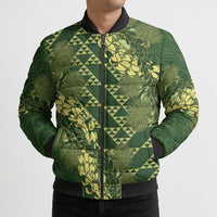 Green Aloha Hawaii Bomber Puffer Jacket Hawaiian Kakau Ohia Lehua Lei - Polynesian Pride