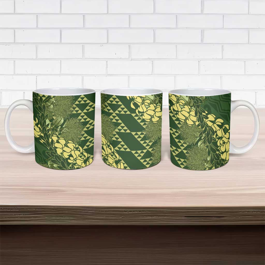 Green Aloha Hawaii Ceramic Mug Hawaiian Kakau Ohia Lehua Lei - Polynesian Pride