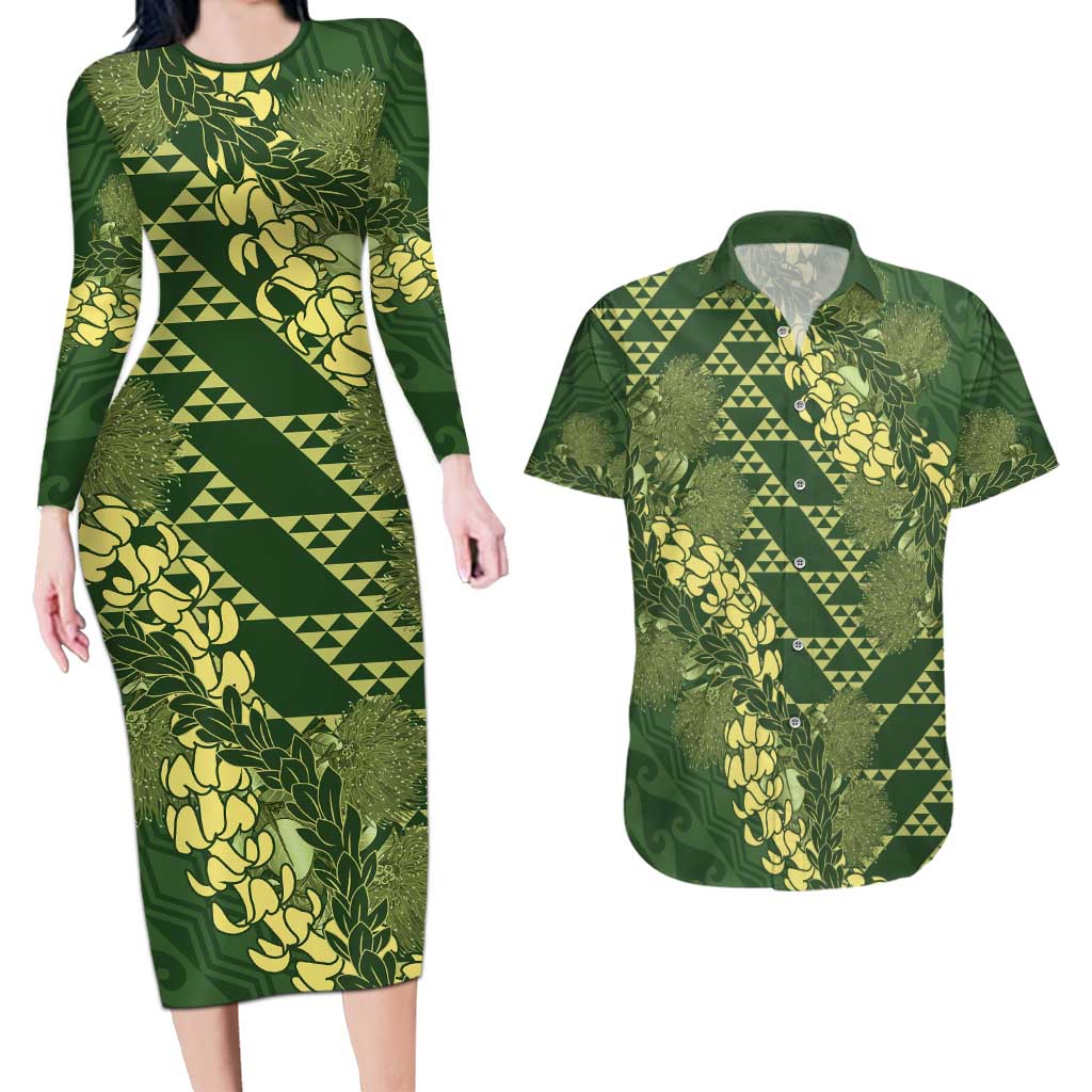 Green Aloha Hawaii Couples Matching Long Sleeve Bodycon Dress and Hawaiian Shirt Hawaiian Kakau Ohia Lehua Lei - Polynesian Pride