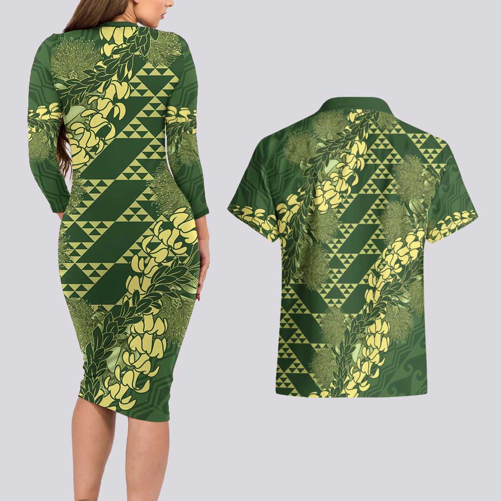 Green Aloha Hawaii Couples Matching Long Sleeve Bodycon Dress and Hawaiian Shirt Hawaiian Kakau Ohia Lehua Lei - Polynesian Pride